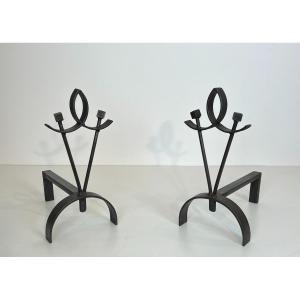 Pair Of Modernist Wrought Iron Andirons. French Work. Circa 1940