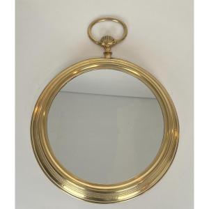 Large Brass Mirror Showing A Pocket Watch. French Work. Circa 1970
