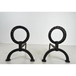 Pair Of Modernist Wrought Iron Andirons. French Work In The Style Of Jacques Adnet. Circa 1950