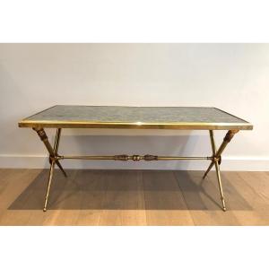 Neoclassical Style Brass Coffee Table With Green Marble Top In The Style Of Raymond Subes