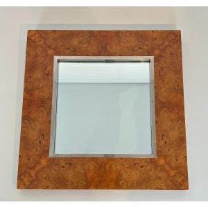 Elm Burl Veneer And Chrome Square Mirror. Italian Work By Willy Rizzo. Circa 1970