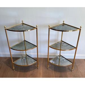 Pair Of Gilt Metal Corner Side Tables With Eglomized Mirror Shelves. French Work