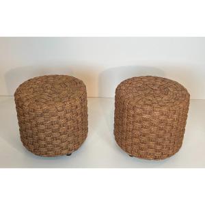 Pair Of Rope Stools With Wooden Round Feet. French Work In The Style Of Adrien Audoux And Frida