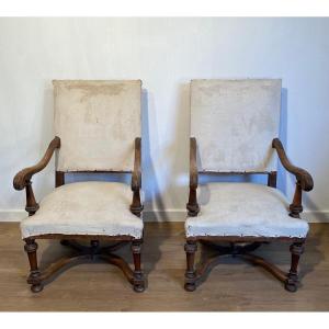 Pair Of High-backed Walnut Armchairs. French Work In The Style Of Louis XIII. Circa 1880