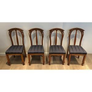 Suite Of 4 Cherry Wood Chairs Decorated With Flowers And Plants. French Work From