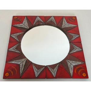 Ceramic Mirror Representing A  Stylized Sun On A Red Background Attributed To Oswald Tiberghien