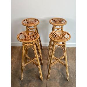 Suite De 4 Tabourets En Rotin. Travail Français. Vers 1970