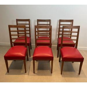 Set Of 6 Oak Chairs With 4 Faux-leather Seats. French Work. Circa 1940