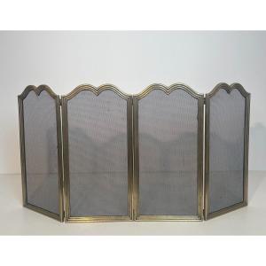 Neoclassical Style Brass And Grilling 4 Panels Fireplace Screen. French Work. Circa 1970
