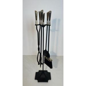 Black Lacquered And Chrome Design Fireplace Tools On Stand. French Work. Circa 1970