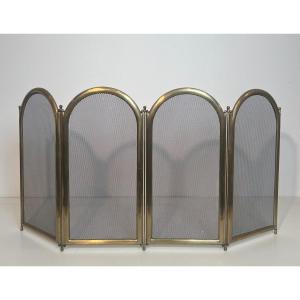Neoclassical Style Brass And Grilling 4 Panels Fireplace Screen. French Work. Circa 1970