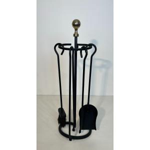 Black Lacquered And Brass Design Fireplace Tools On Stand. French Work. Circa 1970