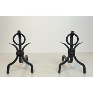 Pair Of Modernist Wrought Iron Andirons. French Work In The Style Of Jean Royère. Circa 1940