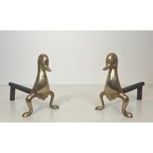 Pair Of Andirons Representing Stylized Ducks In Brass In The Taste Of Claude And François-xavie
