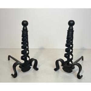 Pair Of Modernist Cast Iron And Wrought Iron Andirons. French Work By Raymond Subes. Circa 1940