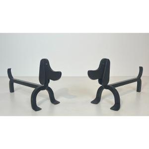 Pair Of Wrought Iron Andirons Representing Dachshunds Attributed To Edouard Schenck.