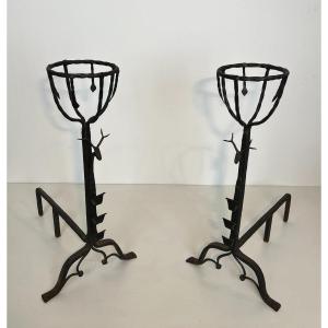 Important Pair Of Wrought Iron Landiers Andirons With Deer Heads. French Work. 19th Century