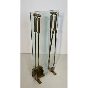 Design Glass And Brass Fireplace Tools. French Work. Circa 1970