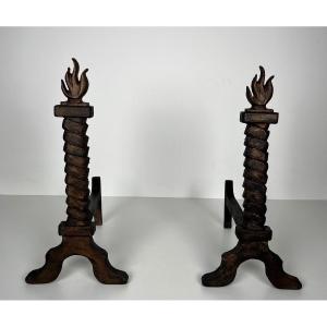 Rare Pair Of Flame Gilt Cast And Wrought Iron Andirons. Gfrench Work 