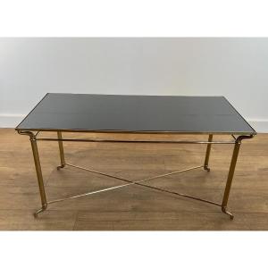 Rectangular Brass Coffee Table With Black Lacquered Glass Top. French Work In The Style Of Mais
