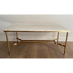 Neoclassical Style Coffee Table With Brass Base And White Marble Top. French Work 