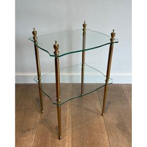 Brass Side Table With 2 Glass Shelves. French Work By Maison Jansen. Circa 1940