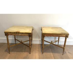Pair Of Neoclassical Style Square Brass Side Tables With Onyx Tops. French Work 