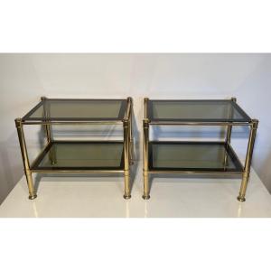 Pair Of Brass Side Tables With Smoked Glass Shelves. French Work. Circa 1970