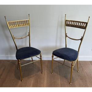 Pair Of Neoclassical Style Brass Chairs With Royal Blue Color. French Work By Maison Jansen.