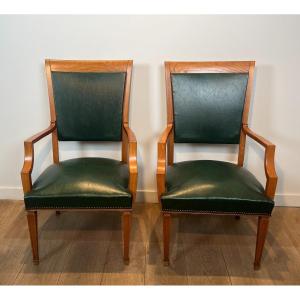 Pair Of Wooden And Leather Armchairs. Belgian Work By De Coene Frères. Circa 1940