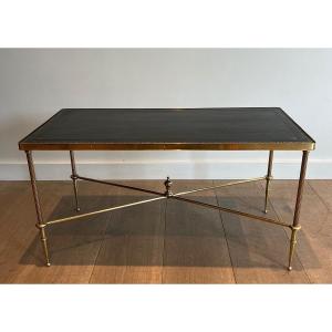 Neoclassical Style Brass Coffee Table With Black Leather Top. French Work By Maison Jansen. Cir