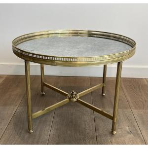 Neoclassical Style Round Brass Coffee Table With Faux-antiques Mirror. French Work