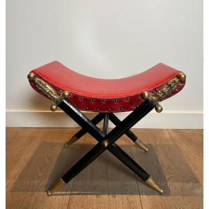 Neoclassical Style Curule Stool Consisting Of A Seat Upholstered In Red Leather