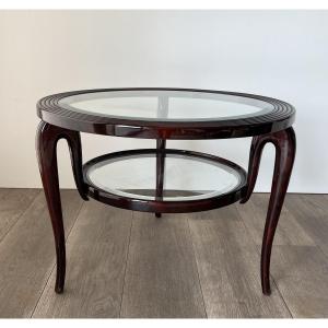Round Walnut Coffee Table With Two Glass Tops. Italian Work By Paolo Buffa. Circa 1940