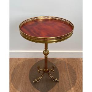 Neoclassical Style Brass Gueridon With Red Celluloid Top. French Work