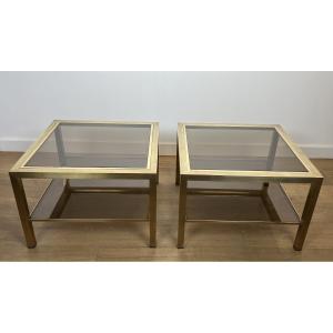 Pair Of Large Brass Side Tables With Smoked Glass. French Work. Circa 1970