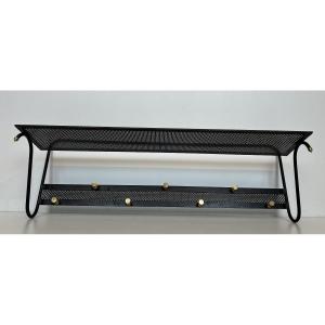 Black Lacquered Metal Coat Rack With Perforated Sheet Metal And Brass By Mathieu Matégot