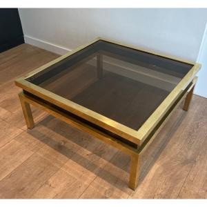 Brass Coffee Table With Black Lacquer And Smoked Glass Shelves. French Work By Guy Lefèvre 