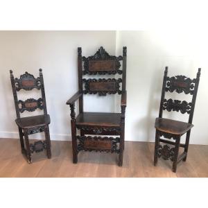 Set Of A Walnut Armchair And A Pair Of Walnut Chairs. Italian Renaissance Work. 17th Century.