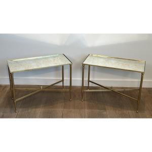 Pair Of Neoclassical Style Brass Side Tables With Oxidized Mirror Tops By Maison Jansen