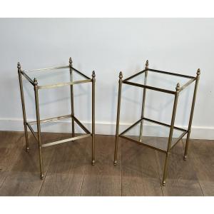 Pair Of Brass Side Tables With 2 Tiers And Fluted Legs. French Work Attributed To Maison Jansen
