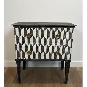Small Italian Chest Of Drawers With Two Drawers And A Trompe-l'oeil Checkerboard Patina