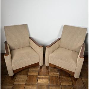 Pair Of Armchairs In Gouged Wood And Mottled Fabric. French Work