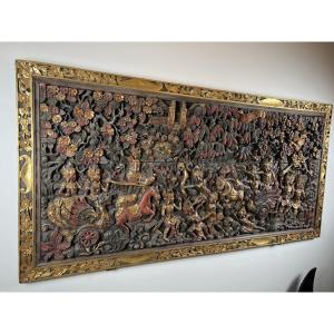 Important Carved Wooden Panel Depicting One Of The Trials Endured By Rama And Sita. Balinese Wo