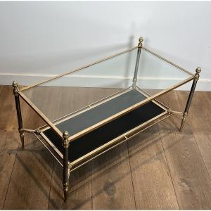 Neoclassical Style Brass Coffee Table With Clear Glass On Top And Red Leather Bottom Shelf.