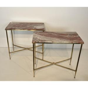 Pair Of Rectangular Neoclassical Style Brass Side Tables With Marble Tops. French Work