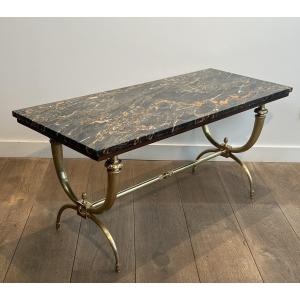 Neoclassical Style Brass Coffee Table With Black And Gilt Marble Top. French Work 