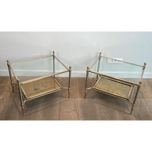 Pair Of Neoclassical Style Brushed Steel And Brass Side Tables With Clear Glass Top 