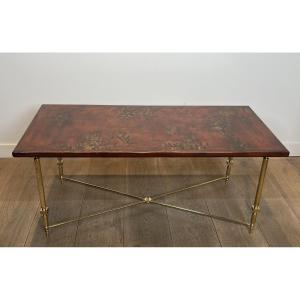 Neoclassical Style Brass Coffee Table With Wooden Lacquered Top Representing Chinese Scenes.