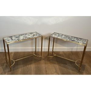 Pair Of Brass Side Tables With Oxidized Mirror Tops By Maison Baguès
